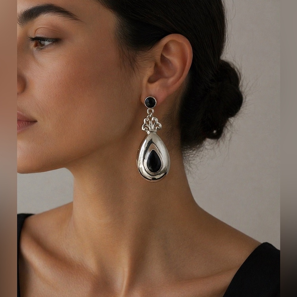 Vintage Sterling Silver Look Black Enamel Teardrop Statement Earrings